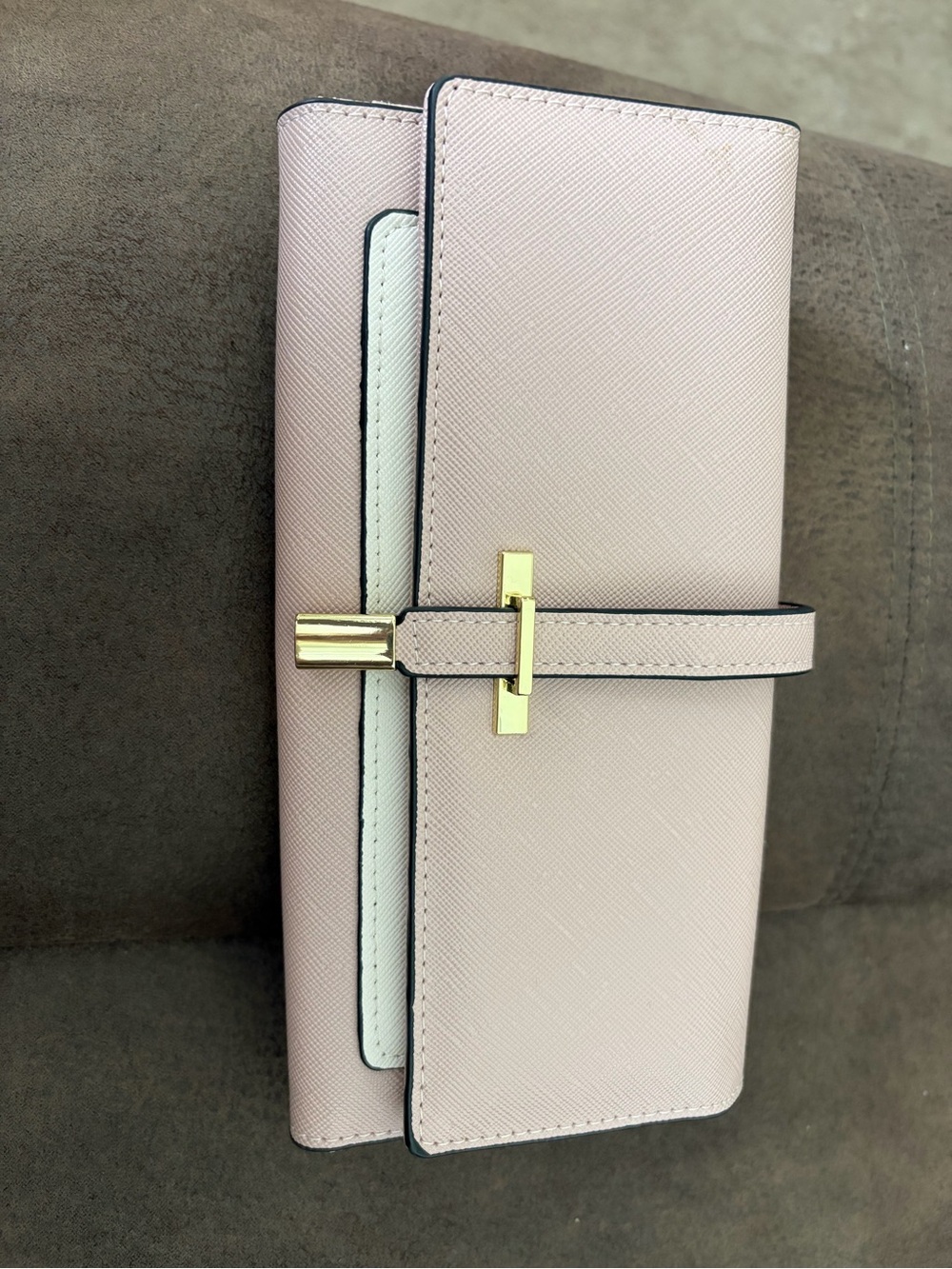 Blush Pink Women’s Leather Wallet Clutch with Gold Hardware